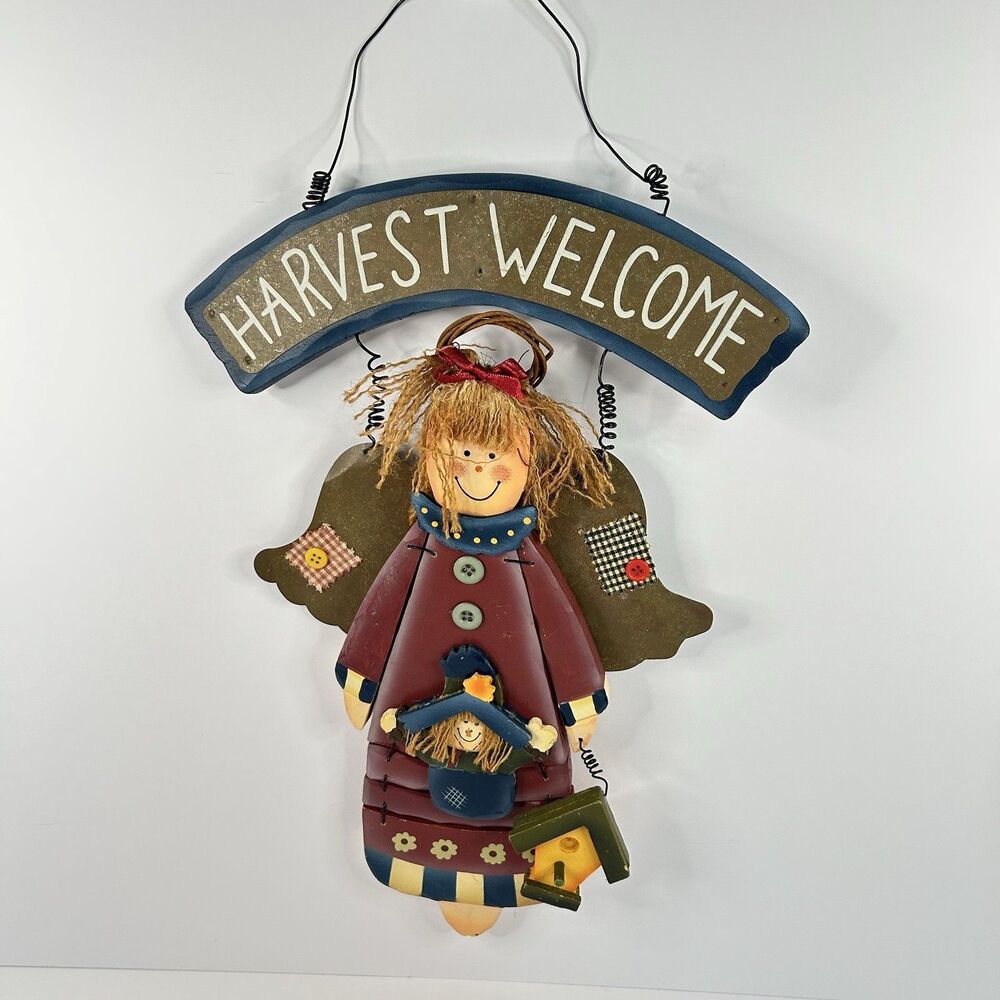 Vintage Primitive Wooden Harvest Welcome Sign Fall Scarecrow Raffia